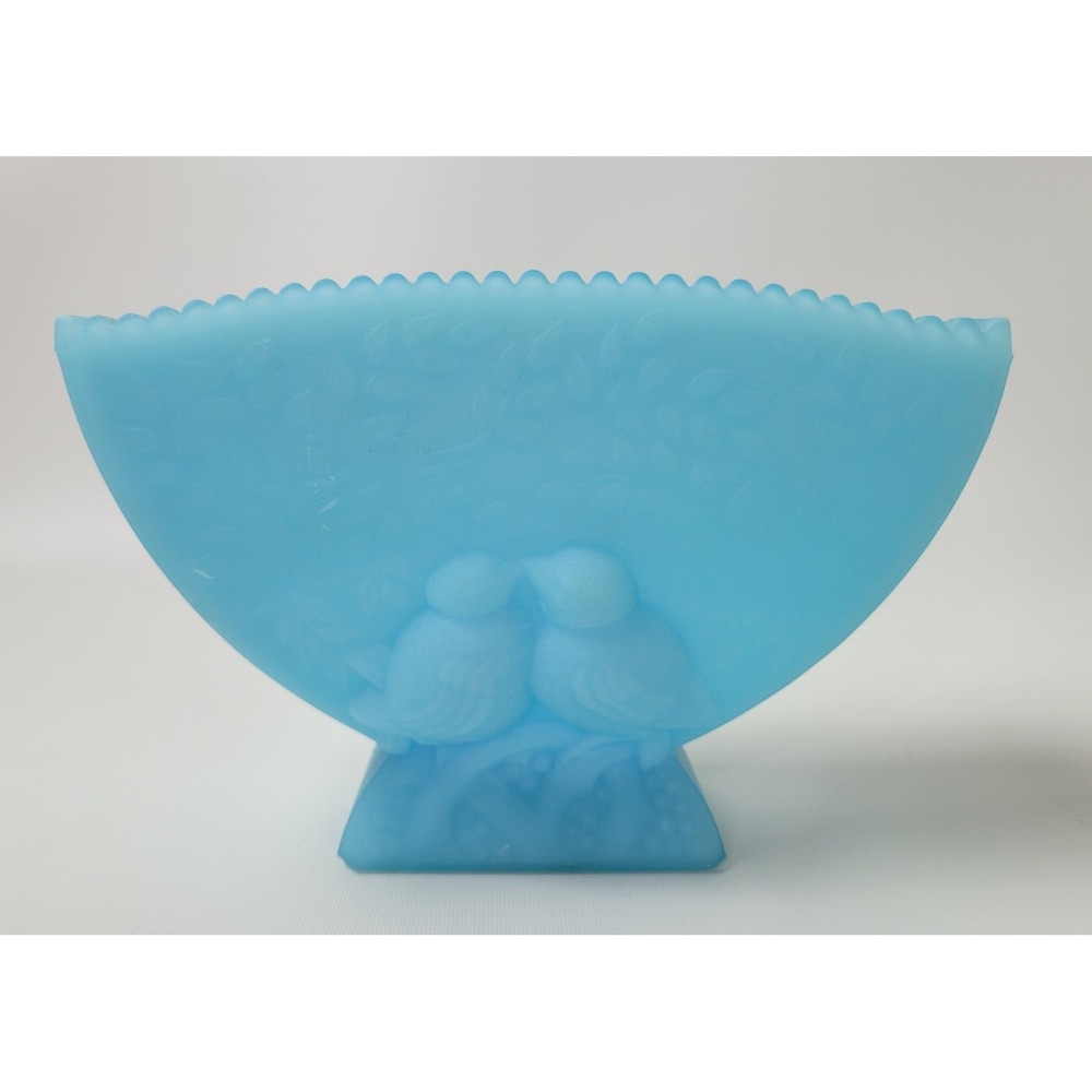 Fenton Blue Satin Glass Love Birds Fan Vase Vintage Art Glass Footed 6.5 Inch